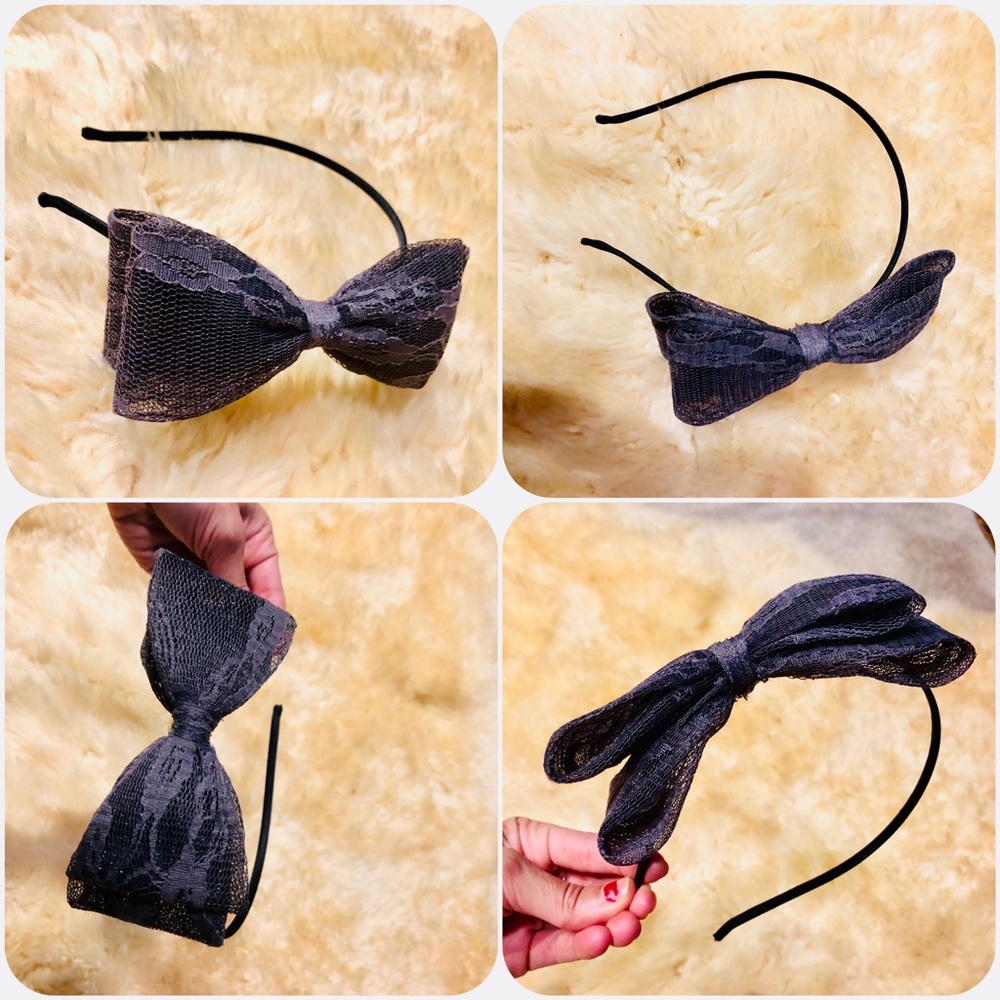 Black & grey lace bow headband hair tie accessory